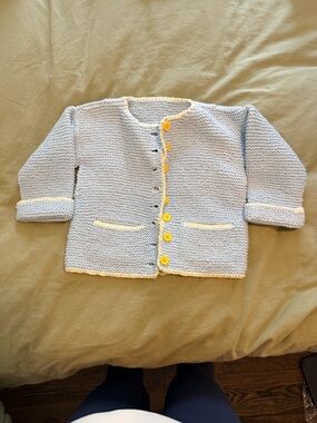 Handmade Light Blue Baby Cardigan with Yellow Trim